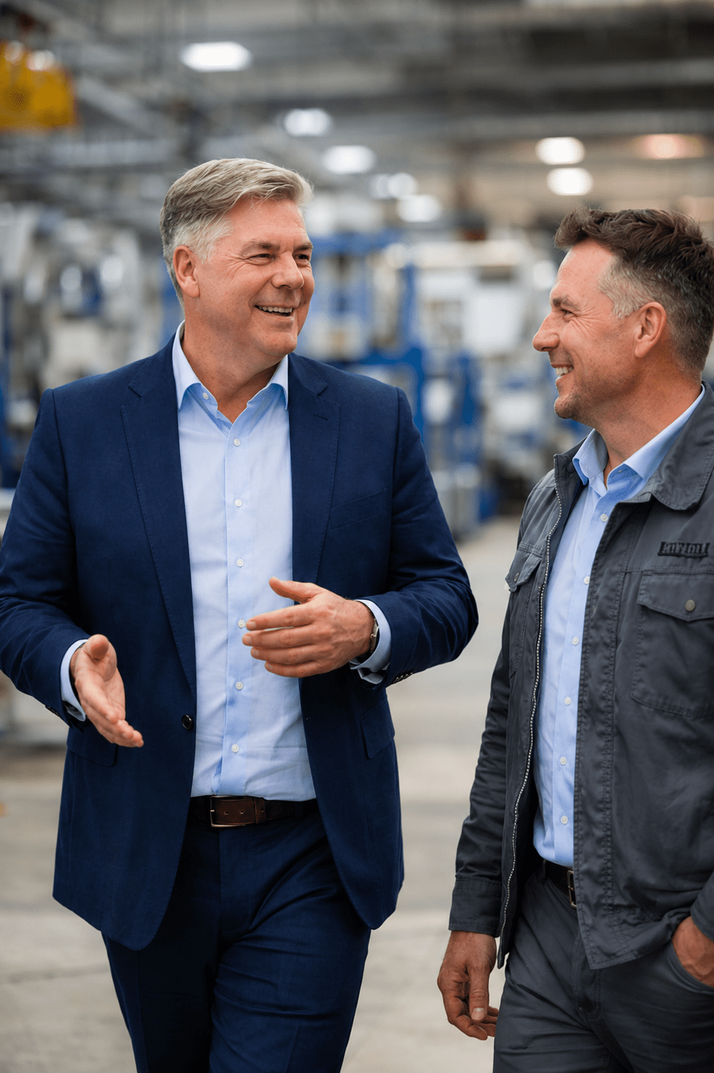 Industrial consultants walking through modern production facility during factory review